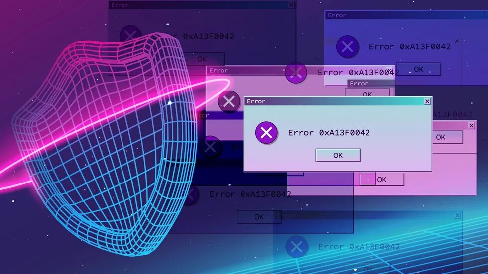 Eine stilisierte Computer-Fehlermeldung vor blau-lila Hintergrund. 