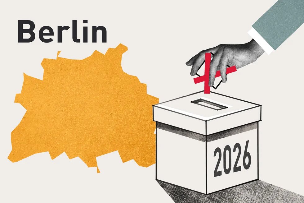 Karte von Berlin, daneben Wahlurne „2026“; Hand wirft Stimmzettel ein, rotes Kreuz sichtbar.