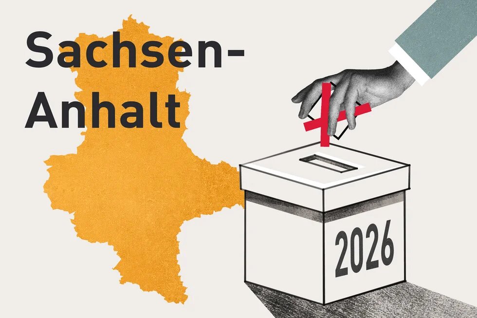 Illustration zur Landtagswahl 2026 in Sachsen-Anhalt mit Wahlurne, Stimmzettel und stilisierter Landeskarte.