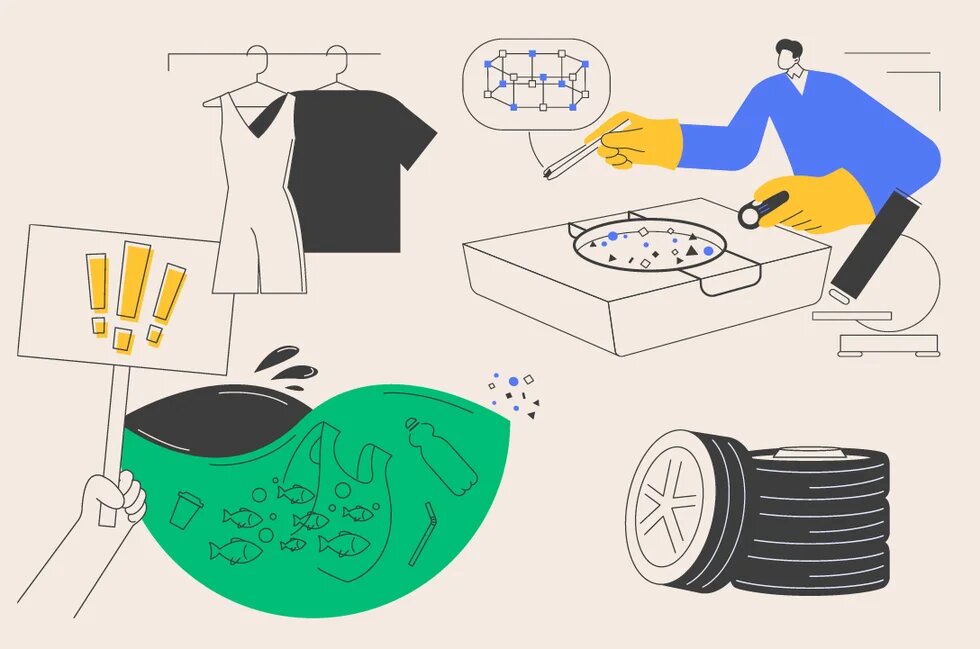 Grafik zu Mikroplastik: Kleidung, Kosmetik, Reifenabrieb und Plastikmüll; eine Person untersucht Partikel mit Pinzette und Mikroskop.