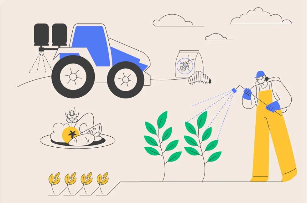 Grafik zu Pestiziden: Ein Landwirt besprüht Pflanzen; daneben Traktor, Schädlingsbekämpfungsmittel, Lebensmittel und Nutzpflanzen.