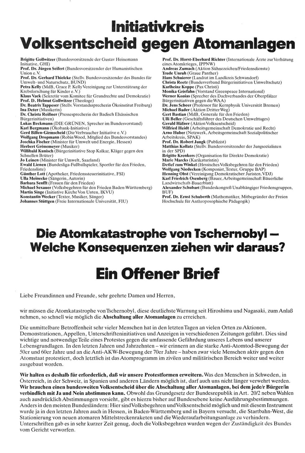 Ein Dokument mit der Überschrift "Initiativkreis Volksentscheid gegen Atomanlagen", darunter verschieden formatierte Textblöcke.