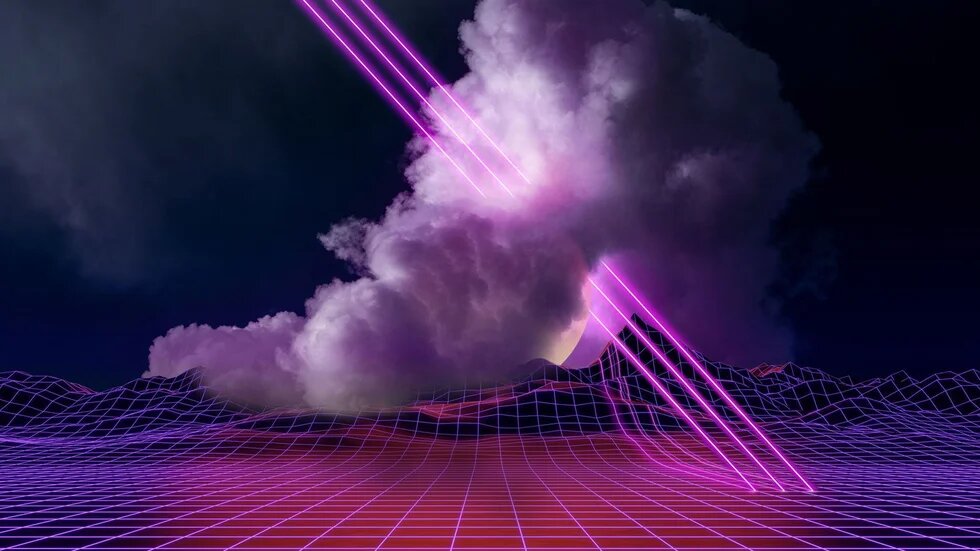 Eine digitale Landschaft aus violetten Gitternetzlinien, über der große Wolken schweben. Leuchtende pinke Strahlen durchziehen den Himmel.