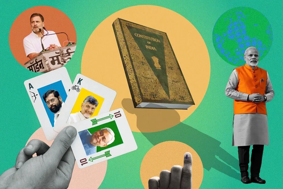Politiker*innen aus Indien, Spielkarten mit deren Gesichtern, eine Hand mit Tinte am Finger, das indische Grundgesetz und eine Weltkugel im Hintergrund.