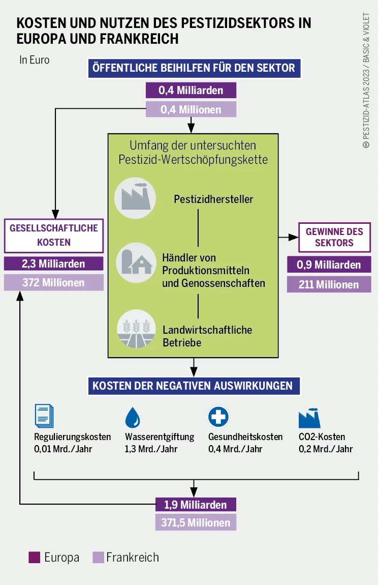 Diagramm zeigt Kosten und Nutzen des Pestizidsektors in Europa und Frankreich. Gewinne, gesellschaftliche Kosten und negative Auswirkungen werden verglichen.