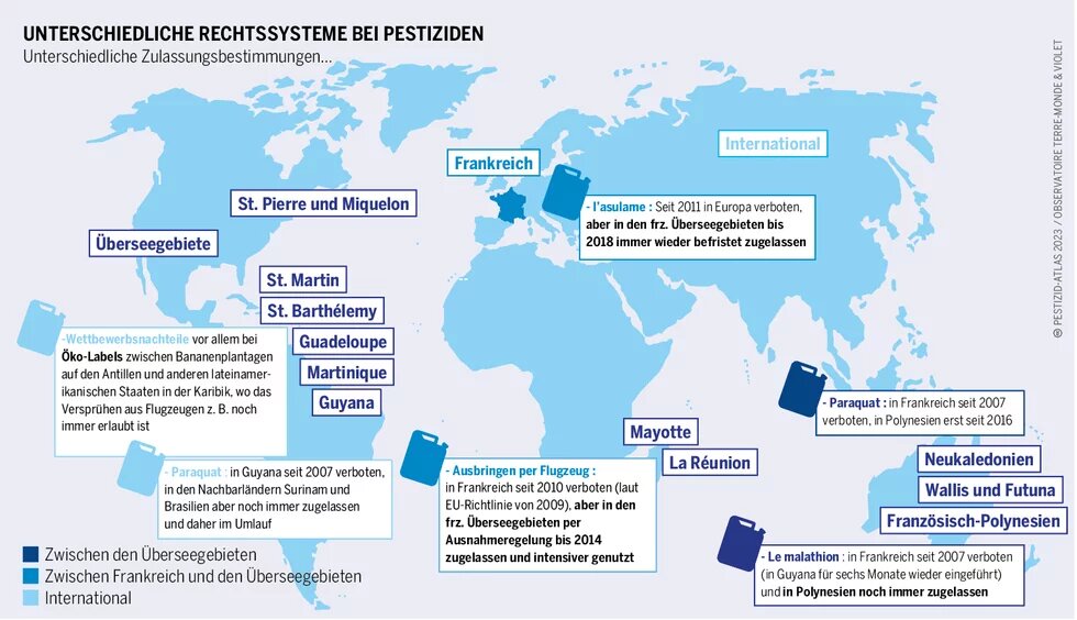 Weltkarte mit französischen Überseegebieten und unterschiedlichen Pesticid-Vorschriften. Blaue Markierungen zeigen Verbindungen zwischen Frankreich, Überseegebieten und international.