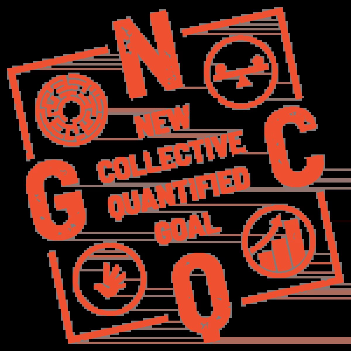 Illustration: Roter Text „New Collective Quantified Goal“ in der Mitte, umgeben von Symbolen für Labyrinth, Waage, Hand und Diagramm.