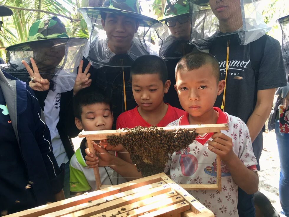 Photo: Children and adults in beekeeping gear hold a honeycomb with bees.