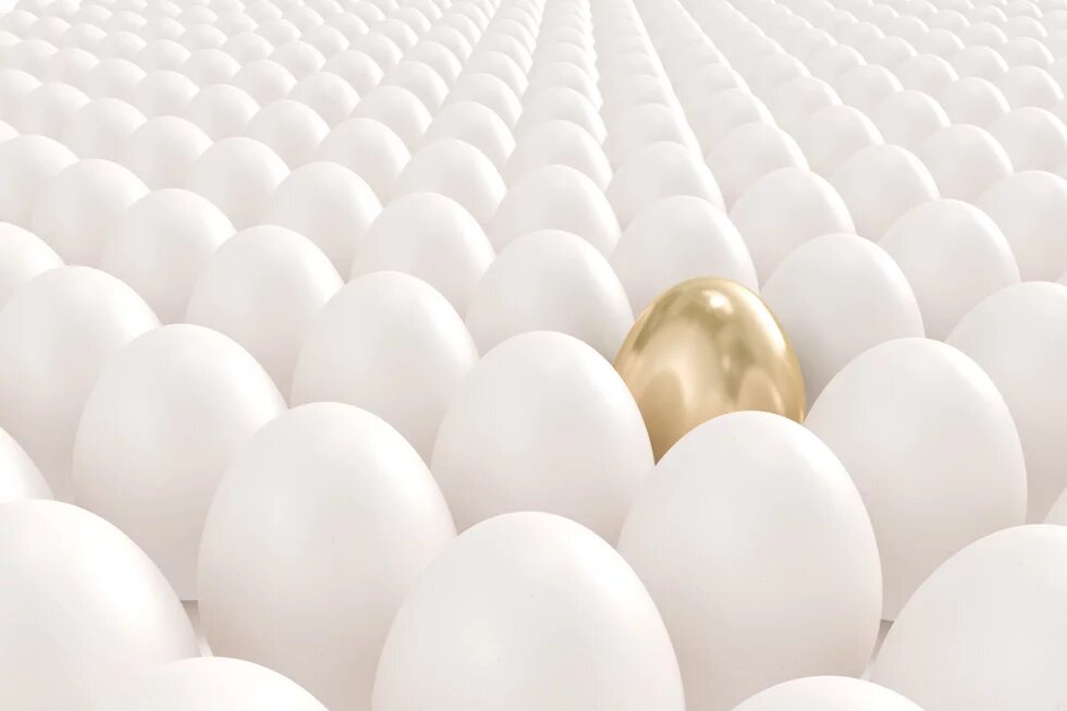 Viele weiße Eier und ein goldenes Ei Weiße Eier und ein goldenes Ei
