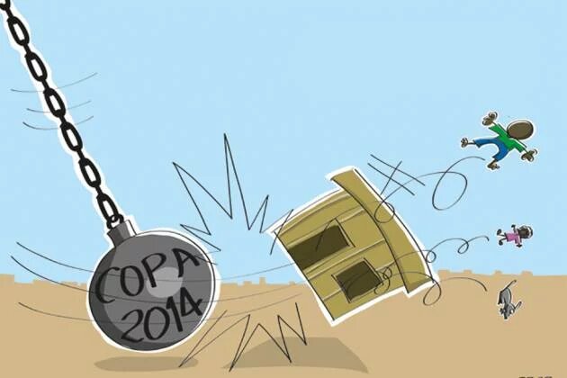 Remoções para a Copa do Mundo do Brasil de 2014 (Forced evictions for Brazil's 2014 World Cup) Cartoon criticizing the eviction practice