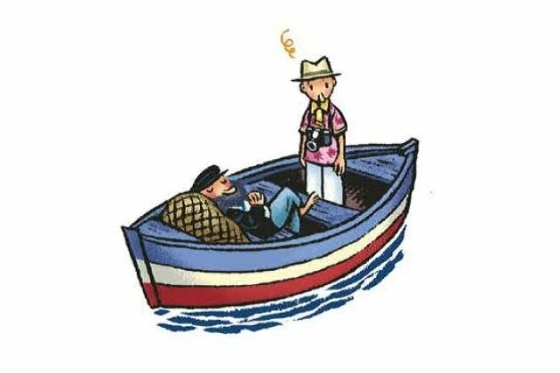 Der kluge Fischer Zeichnung: Fischer und Tourist im Boot