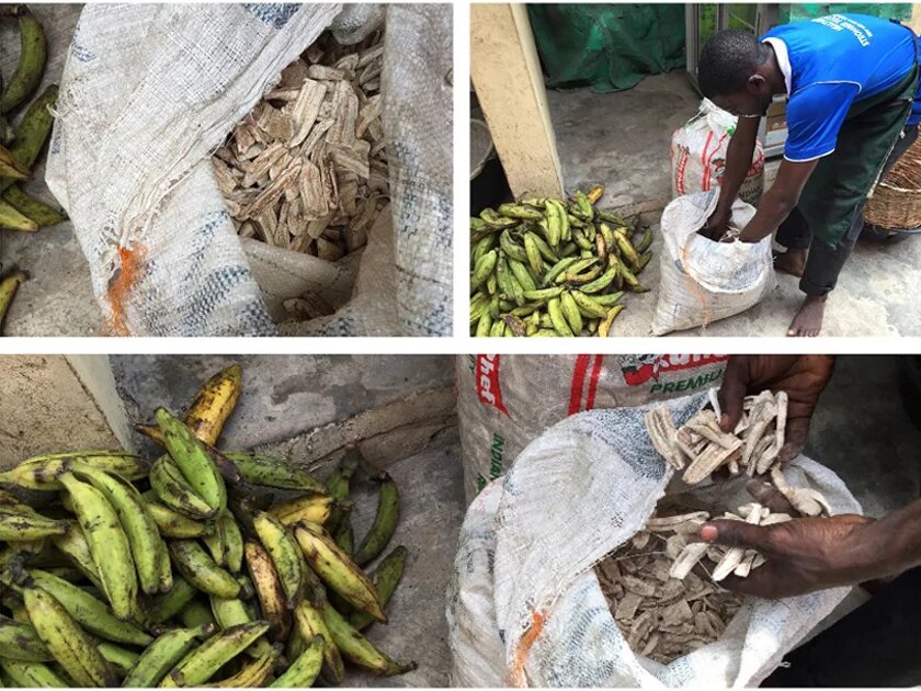 Kleinhändler in Lagos, Herstellung von Kochbananenmehl Kleinhändler in Lagos, Herstellung von Kochbananenmehl