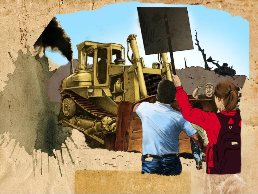 Illustration: Demonstrierende und ein Bulldozer