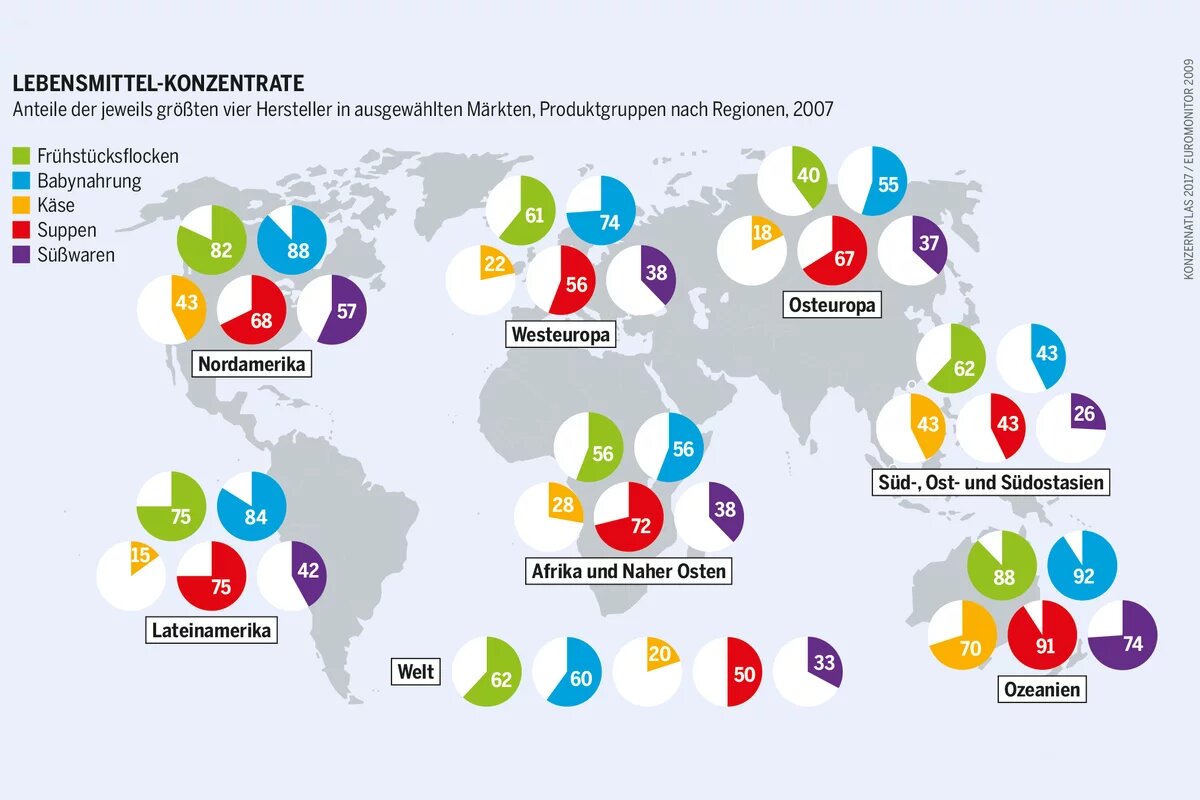 Aus dem Konzernatlas 2017: Lebensmittelhersteller - Marken, Märkte, Manipulationen Infografik aus dem Konzernatlas 2017: Die vier größten nationalen oder internationalen Lebensmittelhersteller