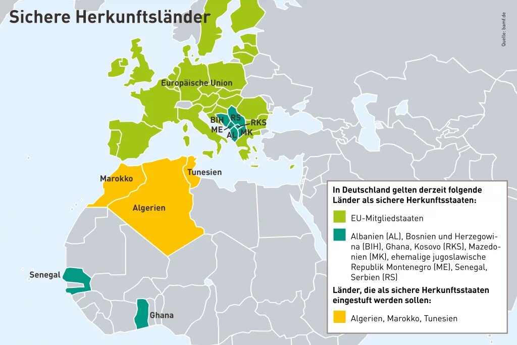Die bisher in Deutschland geltenden sicheren Herkunftsstaaten. Die bisher in Deutschland geltenden sicheren Herkunftsstaaten.