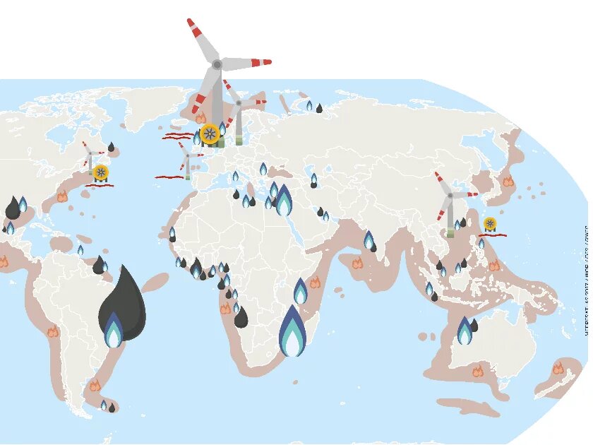 Aus dem Meeresatlas 2017: Weltkarte Energieerzeugung und Ressourcenvorkommen Infografik aus dem Meeresatlas 2017: Weltkarte Energieerzeugung und Ressourcenvorkommen