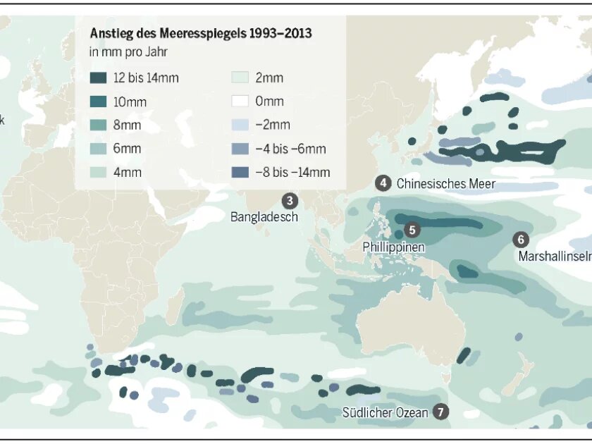Aus dem Meeresatlas: Erwärmung der Meeresoberfläche, Anstieg Meeresspiegel Infografik aus dem Meeresatlas: Erwärmung der Meeresoberfläche, Anstieg Meeresspiegel