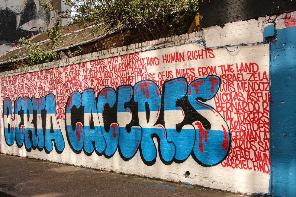 East End Street Art - Street art in Shoreditch, London April 2016 In memory of recently assassinated, Berta Caceres, Honduran environmental activist and environmental and human rights activists. Artist: ?