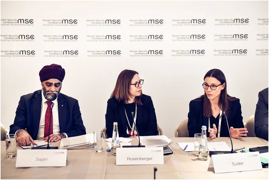 Canadian Minister of National Defense Harijt Sajjan and German State Secretary for Cyber, Policy and National Armament Katrin Suder in a discussion on "Demographic Change, Diversity and Implications for Armed Forces,” moderated by Laura Rosenberger of the German Marshall Fund A man and two women discuss at the Munich Security Conference.