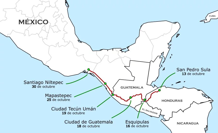 Geflüchtete ziehen in einer Karawane aus Honduras in Richtung der USA Eine Karte des Wegs der aus Honduras Geflüchteten