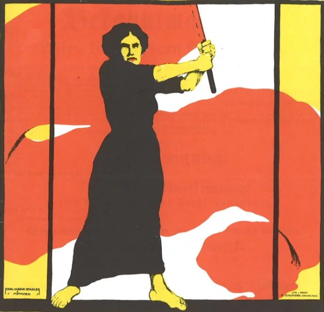 Eine Frau schwing eine Fahne auf einem Plakat von 1914