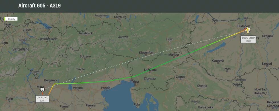 Orban used military aircraft image: A map of the flight path of an airplane from Budapest to Milan