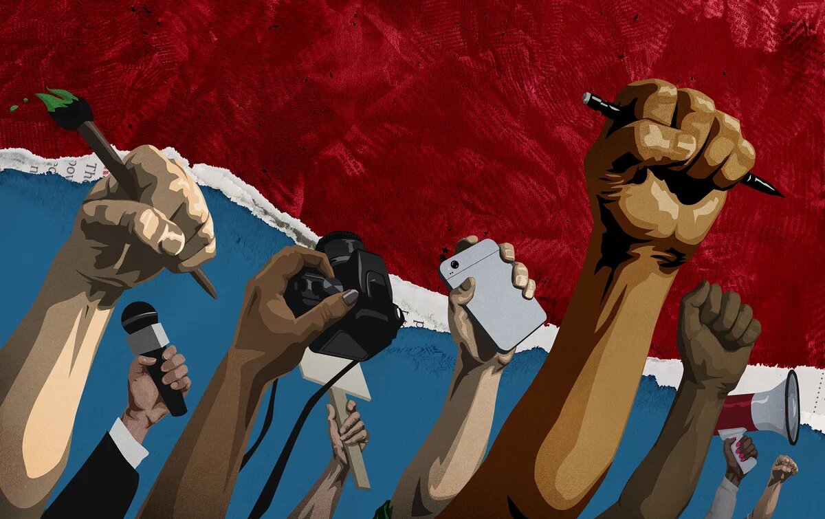 Media Resistance von Jared Rodriguez / Truthout Bosnien nach den Wahlen: Bürger an die Macht! / Illustration: Fäuste halten verschiedene Objekte der Medien hoch