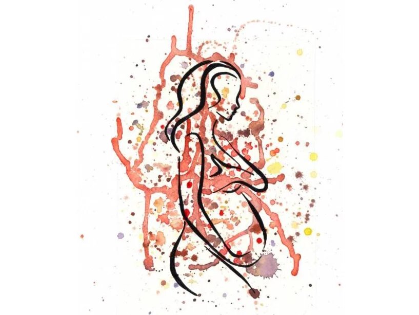 Was in der Grauzone bleibt Was in der Grauzone bleibt - Die Illustration zeigt einen weiblichen Körper mit dickem Schwangerschaftsbauch und roten Farbsprenklern