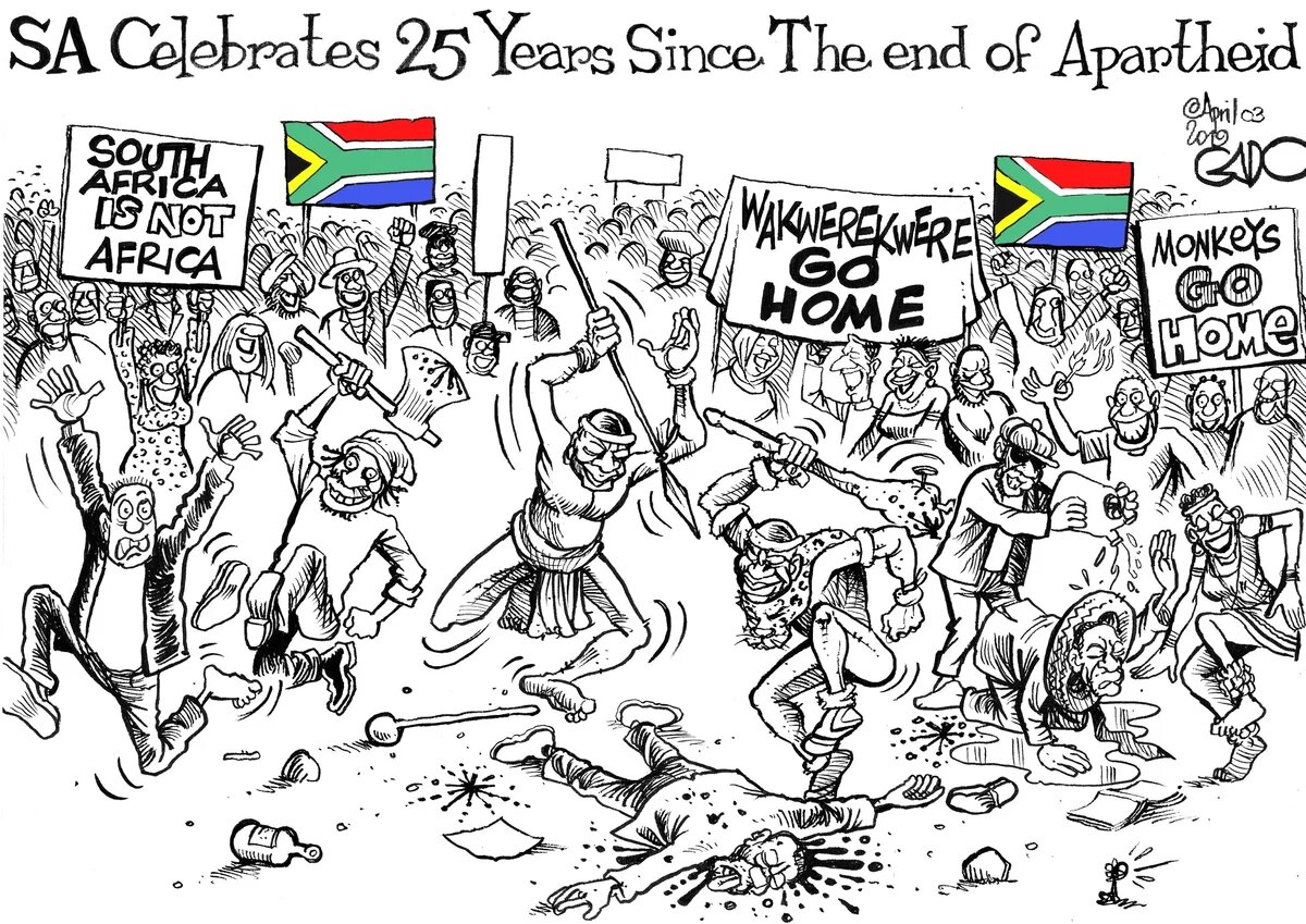 Xenophobia 25 Years after Apartheid in South Africa Karikatur der Feierlichkeiten zum 25 jährigen Jubiläum des Endes der Arpartheid