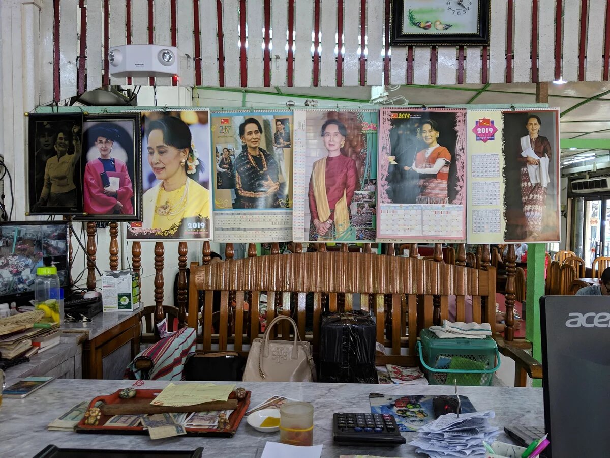 Despite international condemnation for her inaction on the Rohingya issue, veneration for Aung San Suu Kyi remains strong in Myanmar Cashier counter of a restaurant along Insein Road, Yangon