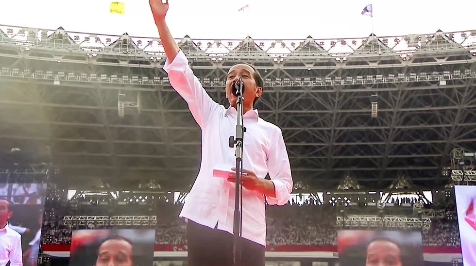 Joko Widodo spricht zu seinen Unterstützer/innen im Gelora Bung Karno Main Stadium am 13. April 2019 Joko Widodo spricht zu seinen Unterstützer/innen im Gelora Bung Karno Main Stadium am 13. April 2019