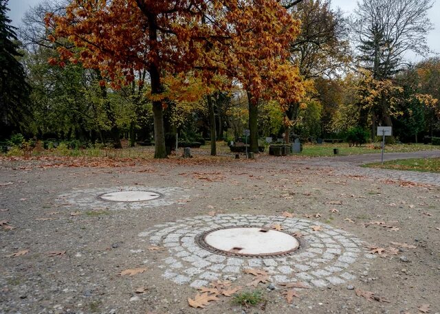 Zwei Kanaldeckel umgeben von Kopfsteinpflaster, auf einer herbstlich bedeckten Fläche. Im Hintergrund Bäume mit buntem Laub.