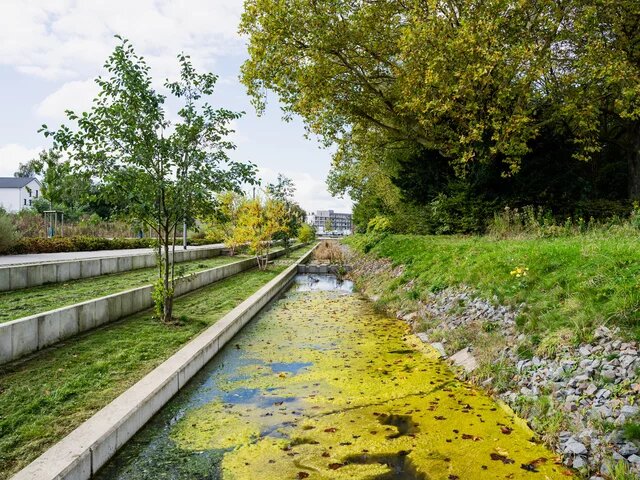 Ein betonierter Wasserkanal mit grünem Bewuchs an den Seiten, gesäumt von Bäumen und Sträuchern, verläuft durch eine parkähnliche Anlage.