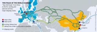Graphic: "New silk routes" from china to the EU, existing and planned rail lines, major shipping routes