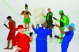 Wissenschaftsleugner an der Macht Illustration: Mehrere Menschen mit Smartphones stehen vor einem Flipchart. Kabel verlaufen zwischen ihren Augen, Mündern und Smartphones.