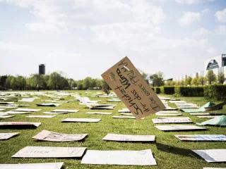 Demo-Plakate auf der Wiese vorm Bundestag