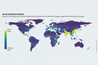 Fleischatlas Infografik: Wenn viele Menschen und viele Nutztiere auf Erreger stoßen, die von Wildtieren stammen, ist das Risiko eines infektiösen Krankheitsausbruchs hoch Fleischatlas Infografik: Risiko der Entstehung von für Menschen gefährliche Krankheiten, die von Wildtieren ausgehen