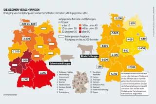 Fleischatlas Infografik: In nur zehn Jahren sind viele Zehntausend Tierhaltungen verschwunden. Größere Betriebe übernehmen ihre Marktanteile Fleischatlas Infografik: Rückgang von Tierhaltungen in landwirtschaftlichen Betrieben, 2020 gegenüber 2010