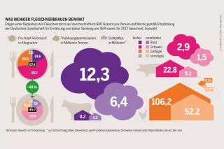 Fleischatlas Infografik: Wer sich im Fleischverbrauch an den empfohlenen 600 Gramm orientiert, lebt gesünder und ökologischer zugleich Fleischatlas Infografik: Folgen einer Reduktion des Fleischverzehrs auf durchschnittlich 600 Gramm pro Person und Woche gemäß Empfehlung der Deutschen Gesellschaft für Ernährung und daher Senkung um 48 Prozent, für 2017 berechnet