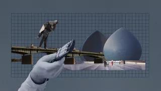 »Iraq« Collage: Brücke über die zwei Menschen laufen, der eine trägt den anderen. Im Vordergrund eine Hand, Fernbedienung haltend