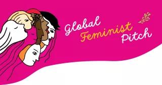 Illustration: Mehrere Köpfe auf pinkem Hintergrund mit dem Schriftzug "Global Feminist Pitch"