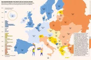 Der jährlich erscheinende „Rainbow Europe Index“ ordnet 49 Länder der Region nach ihren Gleichstellungsgesetzen ein. Aserbaidschan schnitt 2021 am schlechtesten ab und Malta am besten Sozialatlas Infografik: LGBTI-Rechte im Vergleich von null Prozent (grobe Verletzungen der Menschenrechte, Diskriminierung) bis 100 Prozent (Achtung der Menschenrechte, volle Gleichheit)