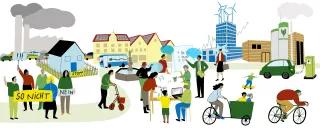 Illustration - Green Cities Green Cities: Bunte Zeichnung Häuser, Windkrafträder und Menschen zu Fuß oder mit Lastenfahrrad...