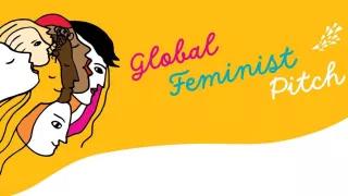 Illustration: Mehrere Köpfe auf gelbem Hintergrund mit dem Schriftzug "Global Feminist Pitch"