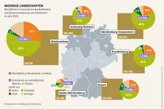 Ein Drittel der deutschen Moore liegt in Niedersachsen. Dort bedecken sie 8 Prozent des ganzen Bundeslands und werden zur Hälfte als Grünland genutzt Mooratlas Infografik: Moorfläche in moorreichen Bundesländern und Zusammensetzung von Emissionen im Jahr 2020