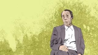 Heinrich Böll Zeichnung von Heinrich Böll vor einem grünen Hintergrund