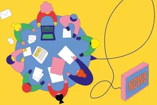 Öffentlich-Rechtliche Medien: Wer entscheidet über das Programm? Illustration eines Tisches, an dem Journalist*innen sitzen