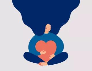 Feminist Healthcare Illustration of a young woman embracing a big red heart