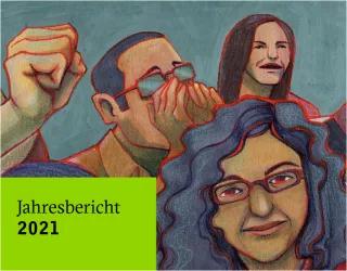 Cover Jahresbericht 2021 - Illustration, 3 Menschen in Aktion