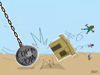 Cartoon, der die Zwangsräumungen für WM-Bauvorhaben kritisiert Cartoon, der die Zwangsräumungen für WM-Bauvorhaben kritisiert